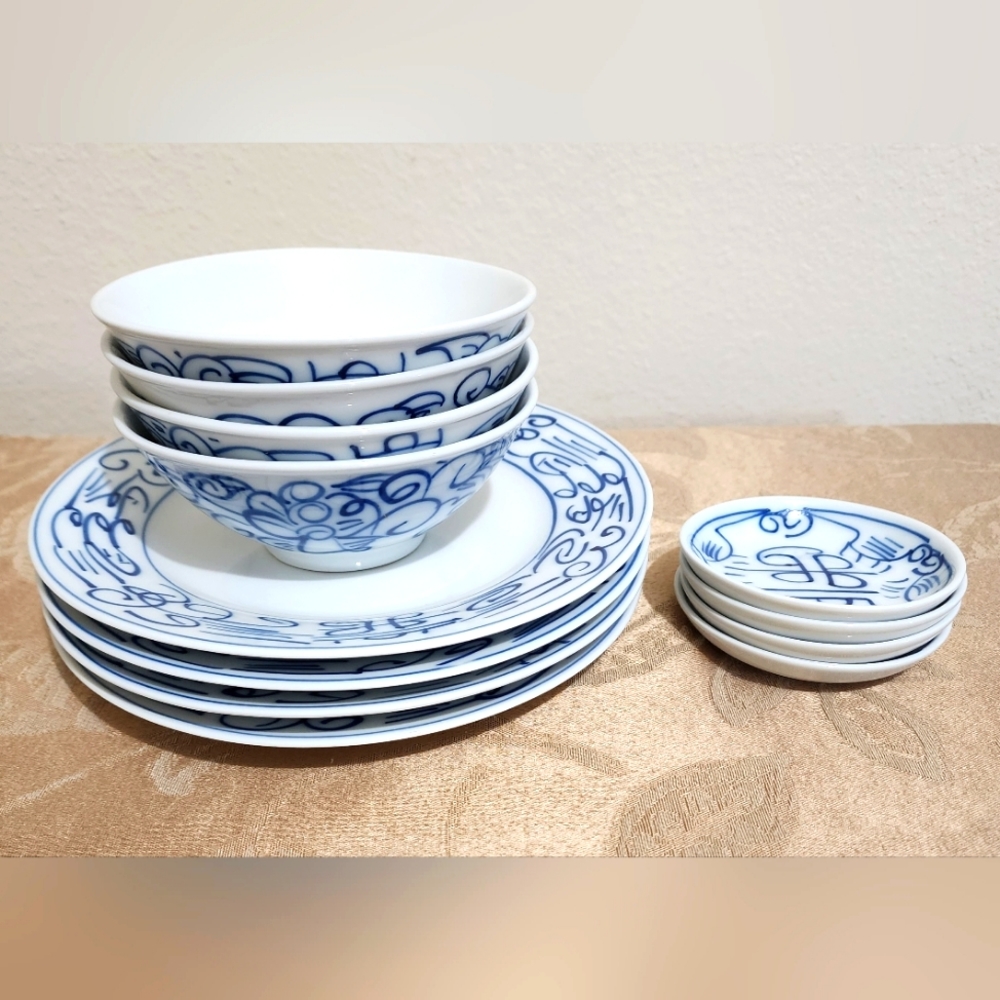 Vintage Chinese Double Happiness 12-pc Entrée & Sauce Plates Rice & Soup Bowls